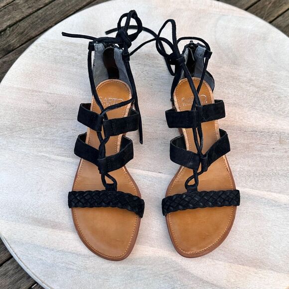 Franco Sarto Womens Sandals Black Lace Up Leather Flats Size 7.5 M Strappy - Picture 2 of 7